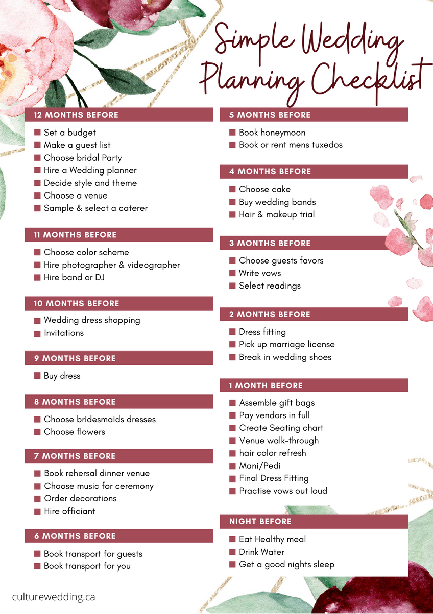 Simple Wedding Checklist Printable {1 Page} – Culture Weddings Printable Store